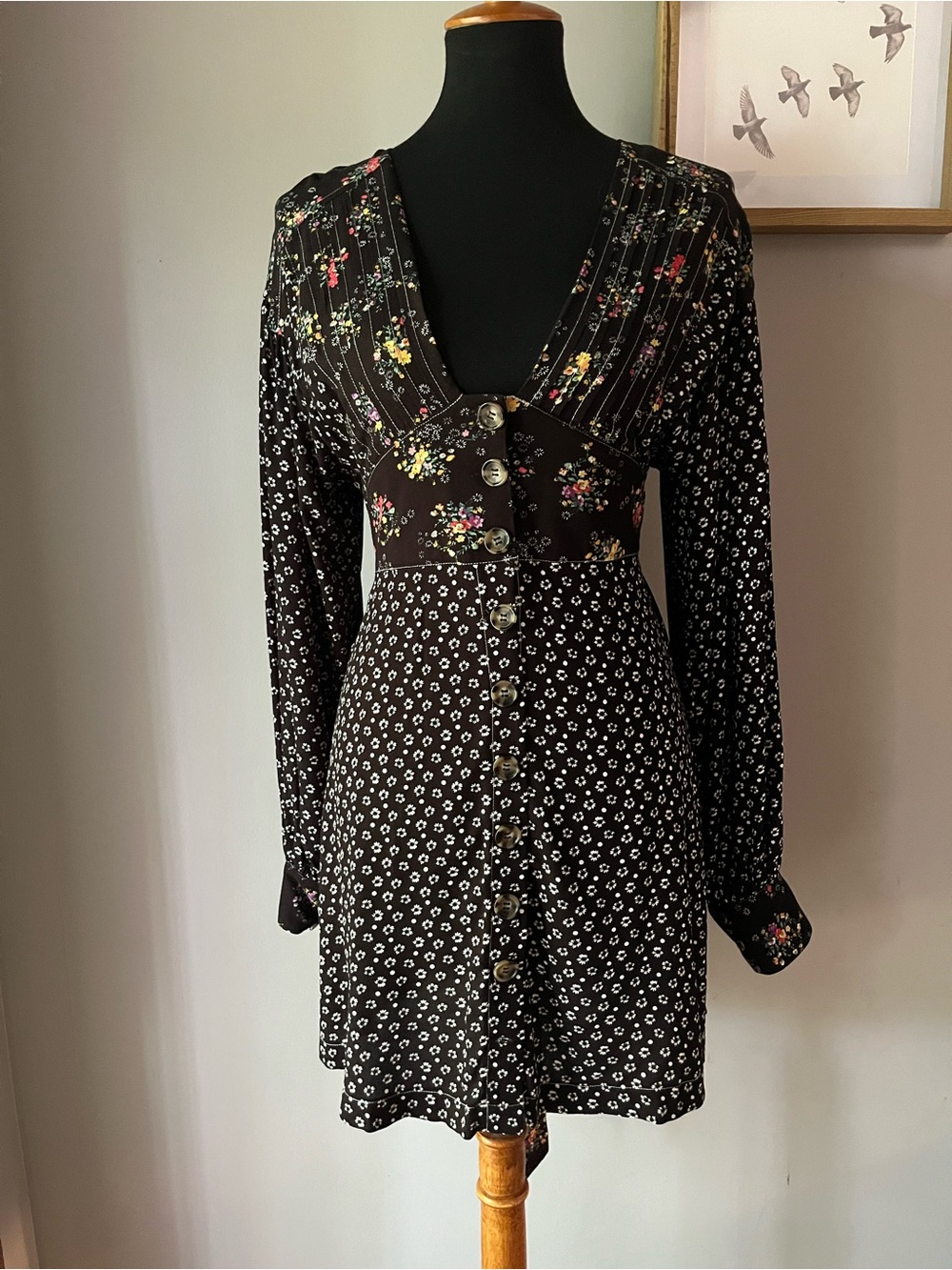 Free People Mixed Floral Print Button Front Mini Dress Boho Long Sleeve Small